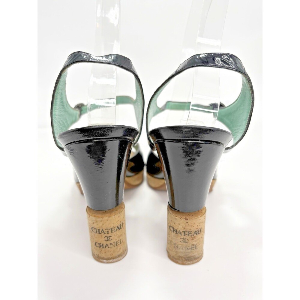 Chanel "Chateau Chanel" Wine Cork Heel Pumps Black Patent w Blue Accent Sz 37.5 - Picture 5 of 12